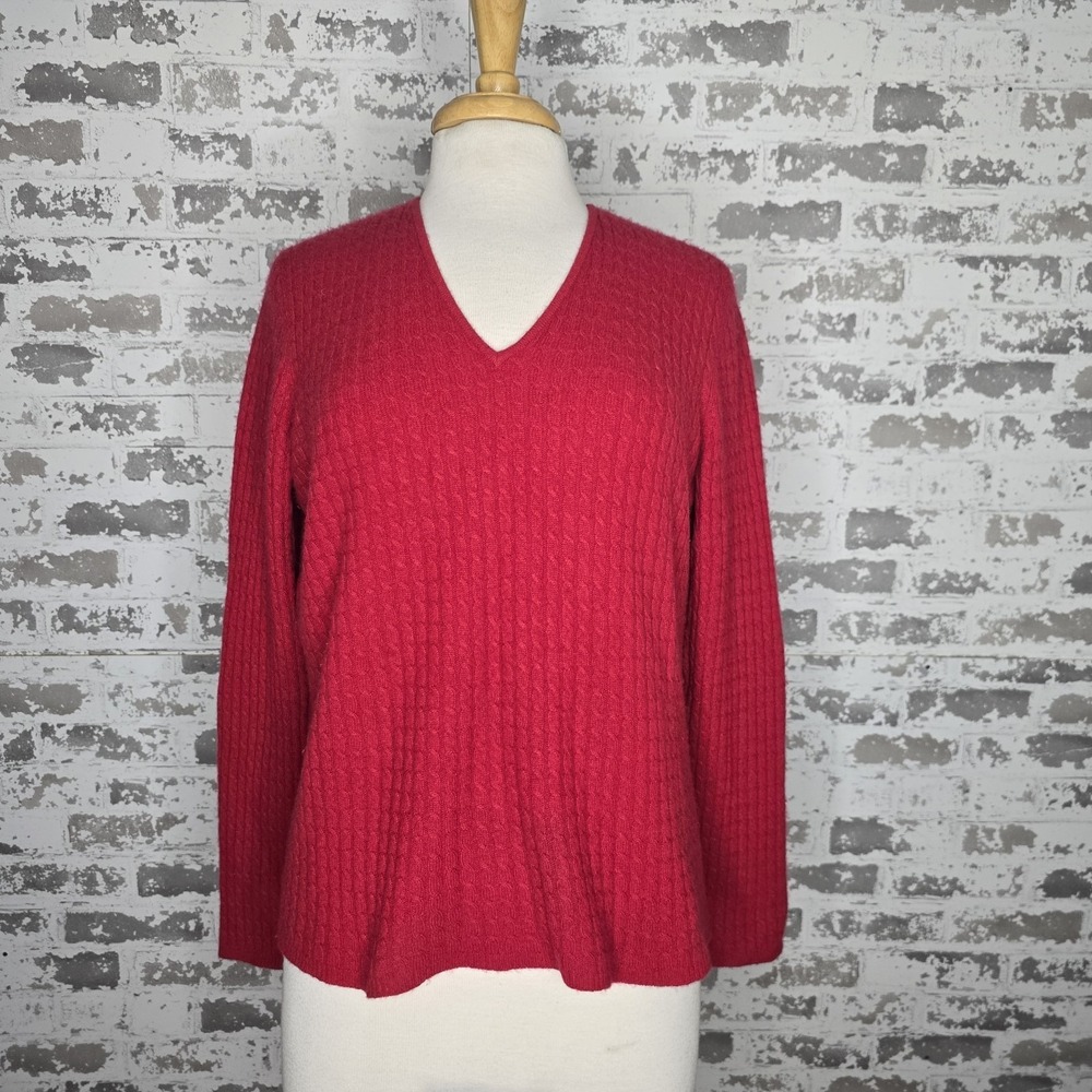 Ann Taylor Sweater Womens Large 100% Cashmere Red V-Neck Cable Knit Long Sleeve